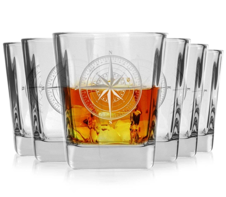 Szklanki do whisky  Róża Wiatrów kwadratowe 300 ml 6 szt. w pudełku Szklanka.pl
