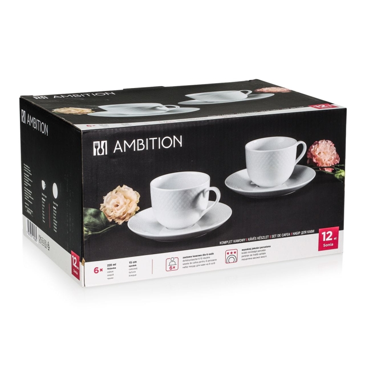 Komplet filiżanek do kawy AMBITION Sonia BIAŁY 220ml + 6 spodków 12el