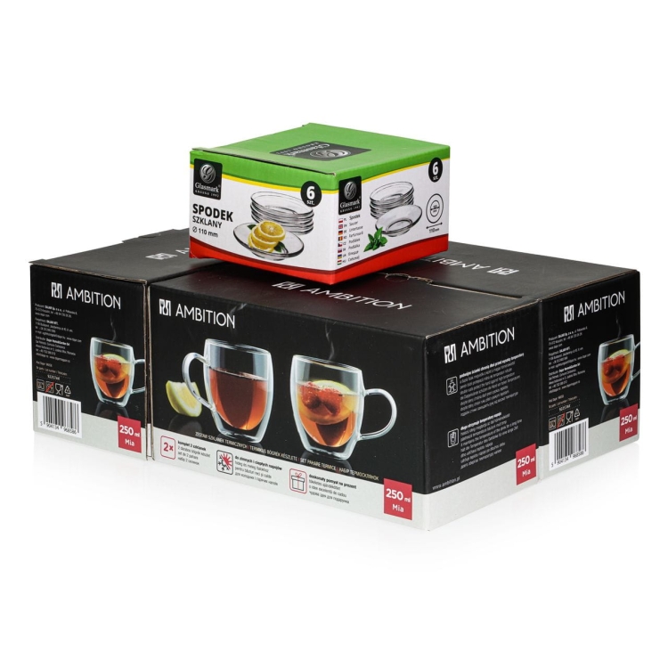 Szklanki kubki termiczne do kawy herbaty AMBITION MIA 250ml 6szt + spodki Glasmark