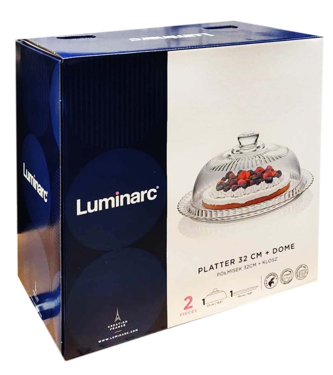 Szklana patera talerz z kloszem na tort ciasto owoce sery Luminarc ⌀ 32 cm