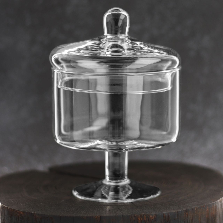Mała szklana patera z pokrywką na nodze na owoce, ciastka, przekąski Handmade 14cm
