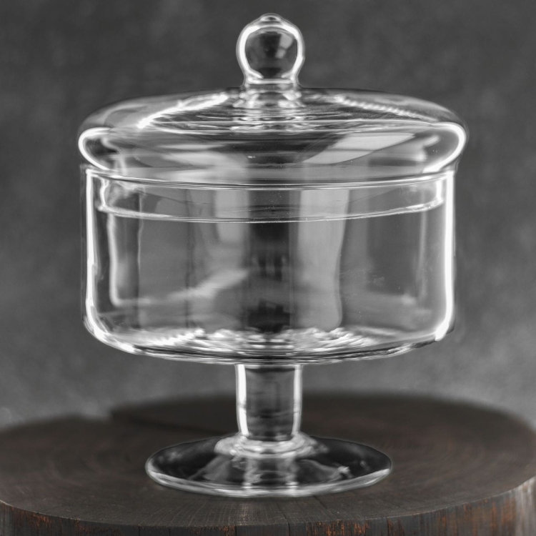Szklana patera z pokrywką na nodze na owoce, ciastka, przekąski Handmade 17cm