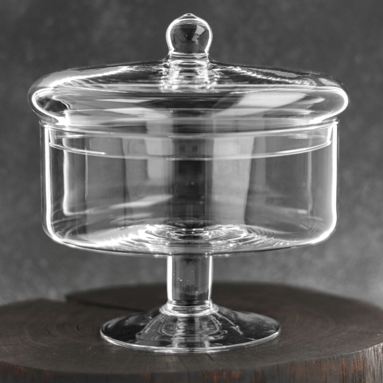 Duża szklana patera z pokrywką na nodze na owoce, ciastka, przekąski Handmade 20cm