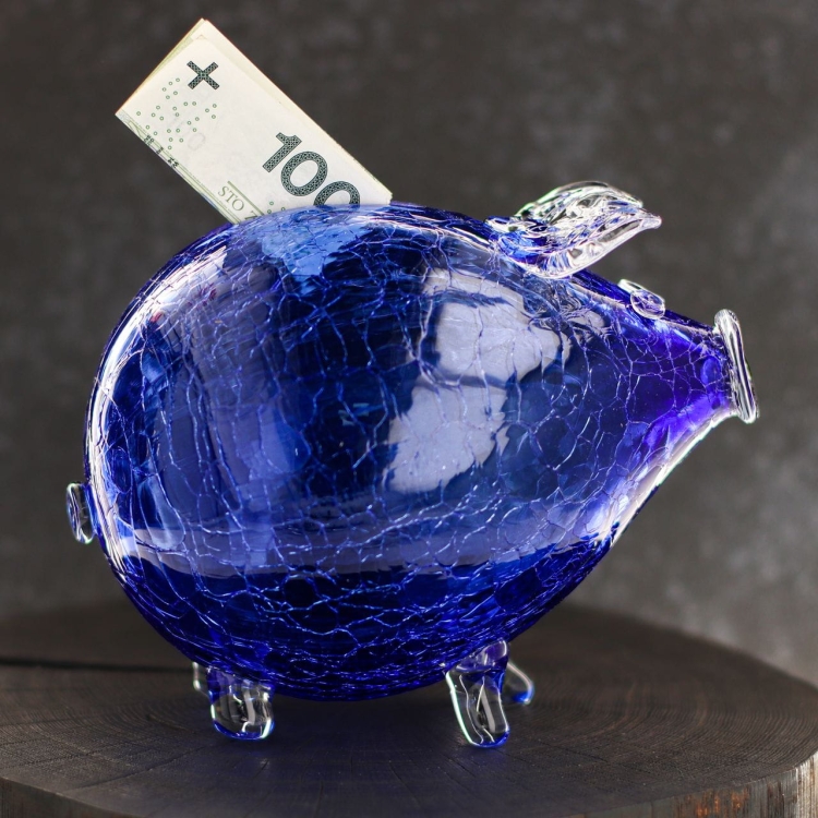 Duża szklana skarbonka ŚWINKA Crackle NIEBIESKA