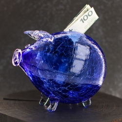 Duża szklana skarbonka ŚWINKA Crackle NIEBIESKA