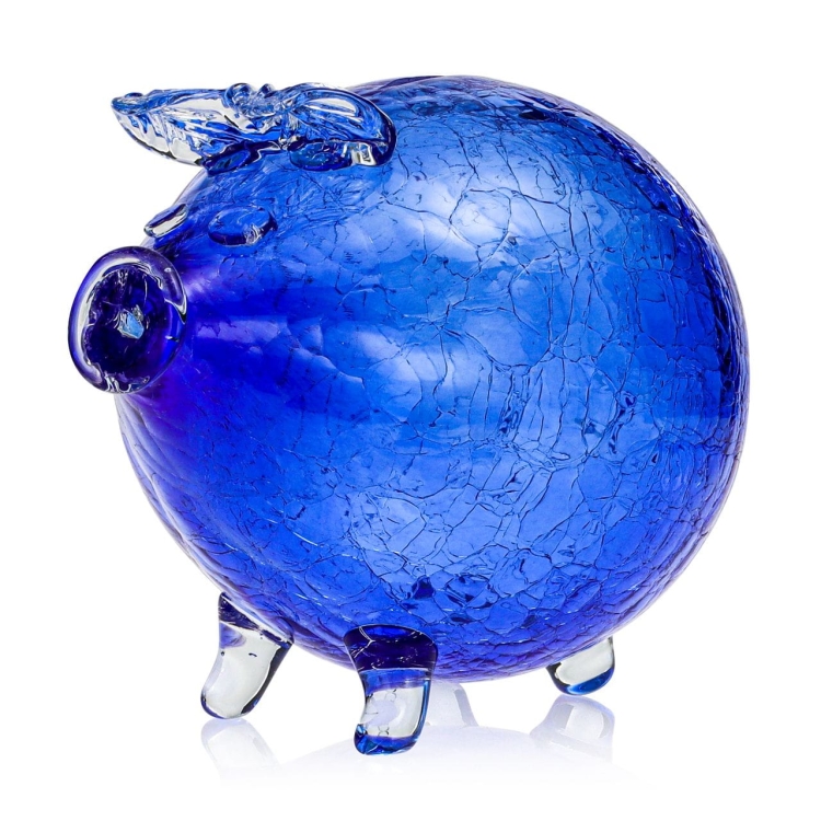 Duża szklana skarbonka ŚWINKA Crackle NIEBIESKA