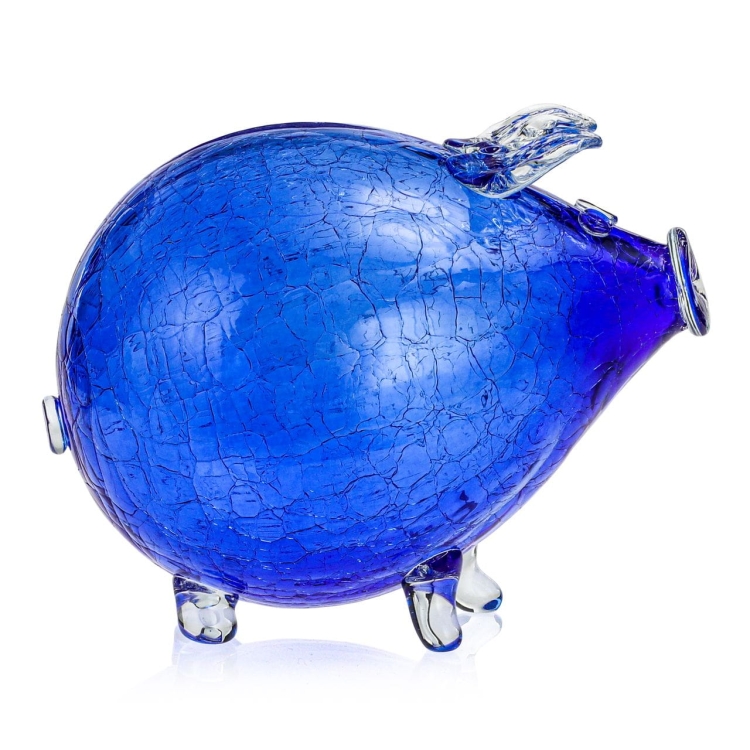 Duża szklana skarbonka ŚWINKA Crackle NIEBIESKA