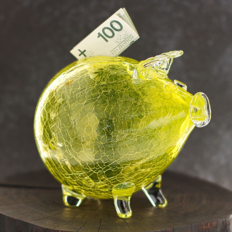 Duża szklana skarbonka ŚWINKA Crackle ŻÓŁTA
