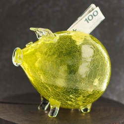 Duża szklana skarbonka ŚWINKA Crackle ŻÓŁTA