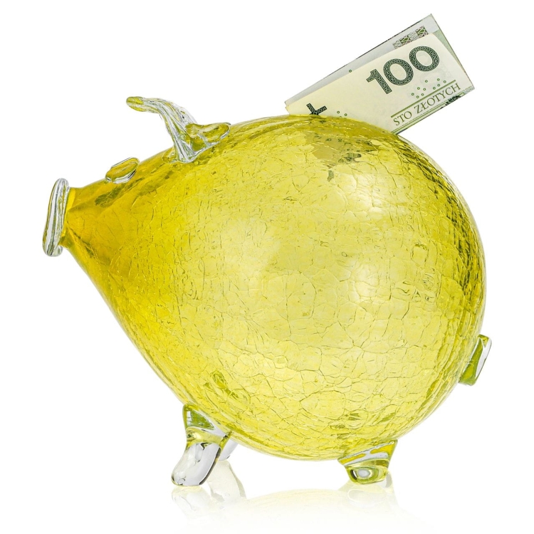 Duża szklana skarbonka ŚWINKA Crackle ŻÓŁTA