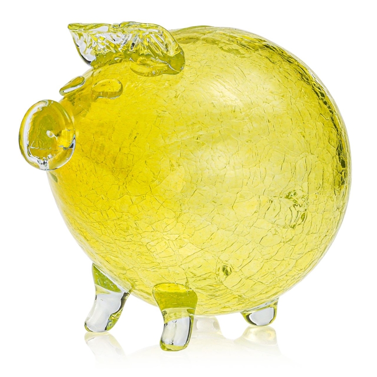 Duża szklana skarbonka ŚWINKA Crackle ŻÓŁTA