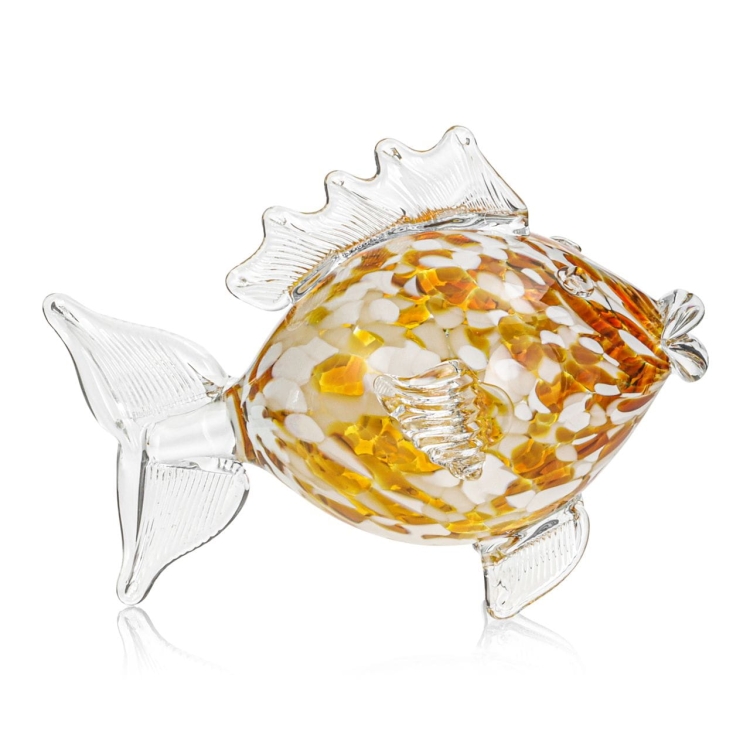 Szklana ozdobna FIGURKA rzeźba ryba PRL 19cm | KULA Biało-Bursztynowa