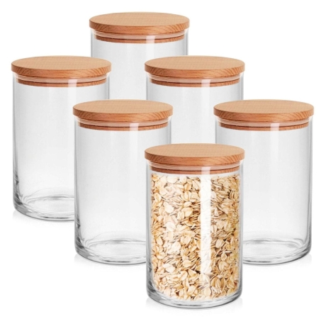Przejdź do produktu Szklane pojemniki na żywność z pokrywką drewnianą Trend Glass Stor Glasset 870ml / 15cm 6szt.
