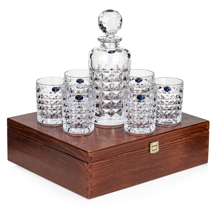 Kryształowy komplet do whisky BOHEMIA Diamond 6+1 w skrzynce z GRAWEREM