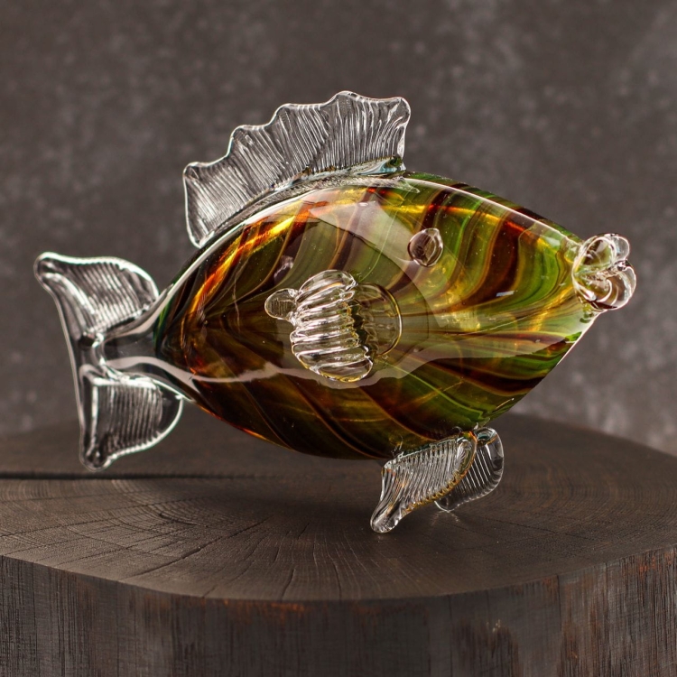 Szklana ozdobna FIGURKA rzeźba kolorowa ryba PRL 25cm | Bursztynowo-Zielona