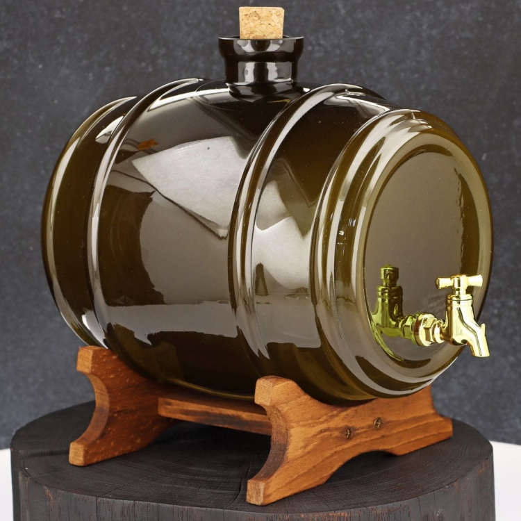 Szklana beczułka, antałek z kranikiem na bimber 4L OLIWKOWA