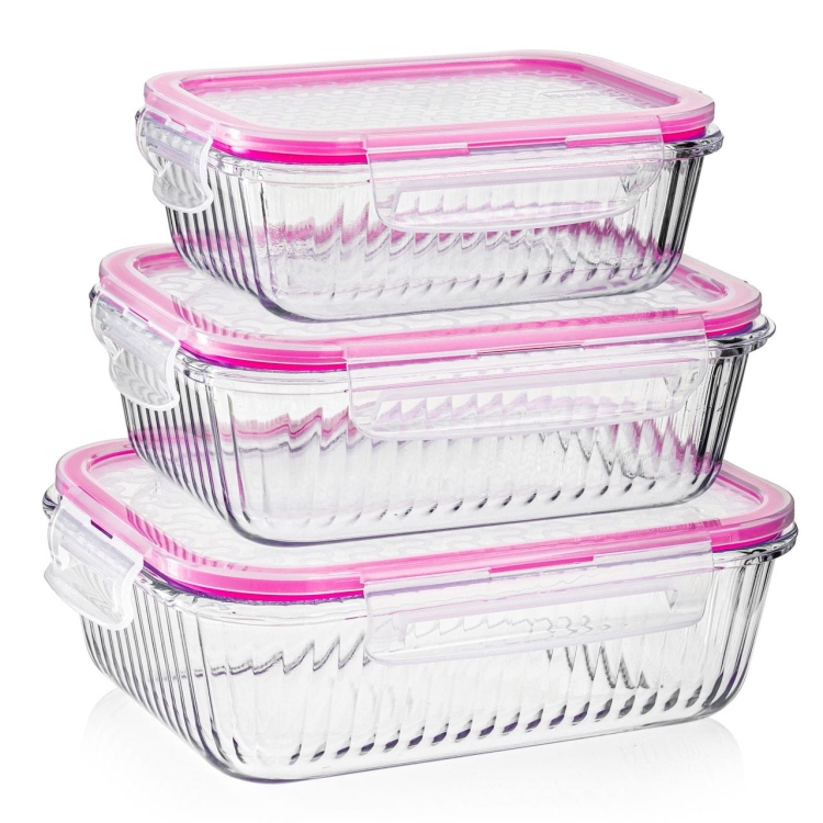 KOMPLET ryflowanych pojemników szklanych na żywność PROSTOKĄTNYCH LUNCHBOX z pokrywką Thermo 640+1040+1520ml
