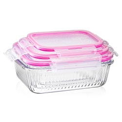 KOMPLET ryflowanych pojemników szklanych na żywność PROSTOKĄTNYCH LUNCHBOX z pokrywką Thermo 640+1040+1520ml