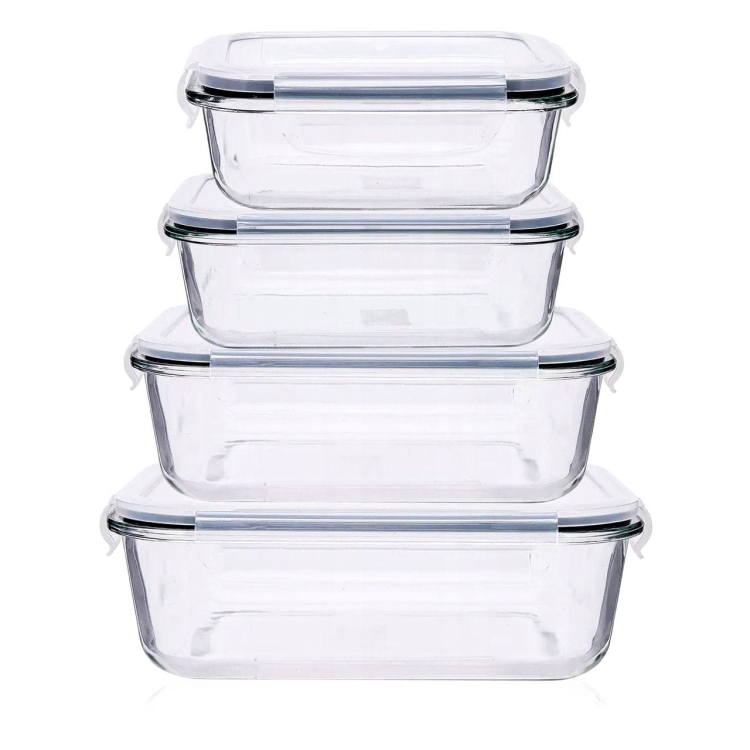 KOMPLET pojemników szklanych na żywność PROSTOKĄTNYCH LUNCHBOX z pokrywką ALTOM FRESH 370+650+1000+1500ml