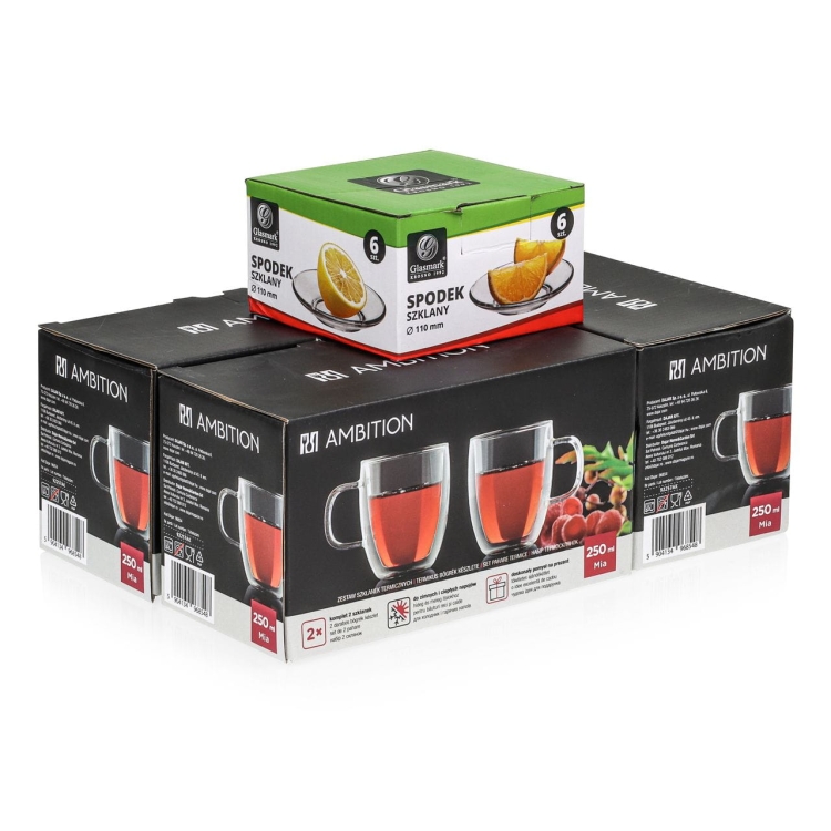 Szklanki kubki termiczne do kawy herbaty AMBITION MIA 250ml 6szt + spodki Glasmark