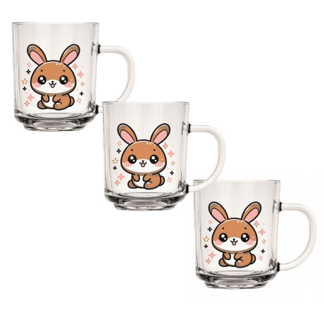 Przejdź do produktu Szklanki z uchem kubki dekorowane dla dzieci kolorowe KRÓLIKI 200ml | 3szt