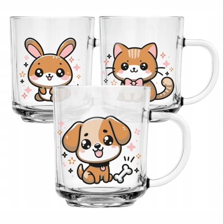 Przejdź do produktu Szklanki z uchem kubki dla dzieci kolorowe RADOSNE ZWIERZAKI 200ml | 3szt