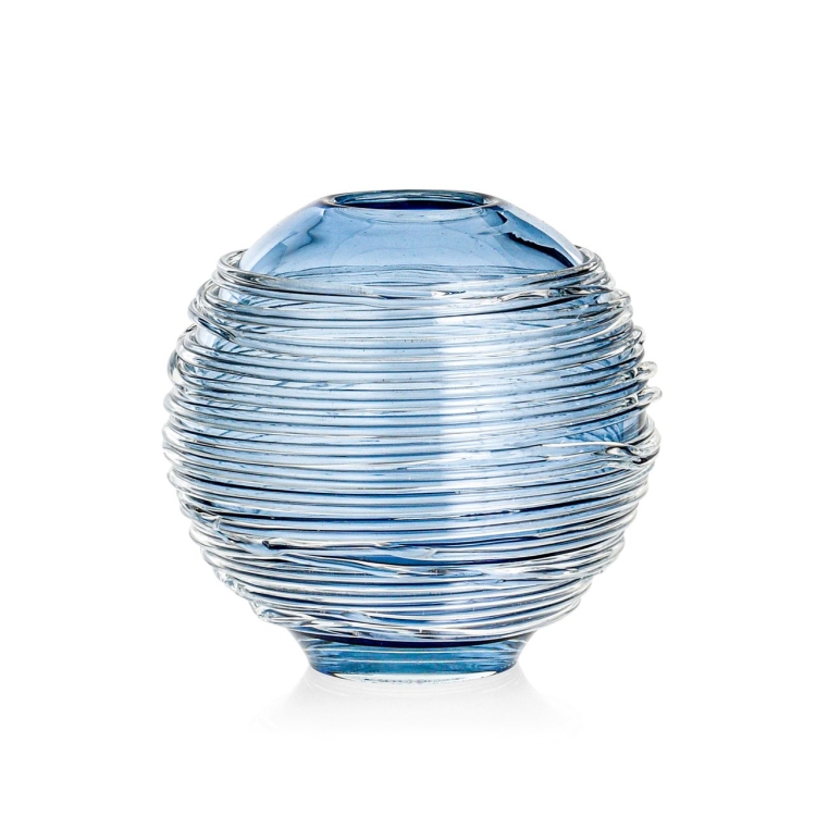 Ekskluzywny ręcznie robiony Wazon szklany na kwiaty niebieski HANDMADE ⌀ 15 cm