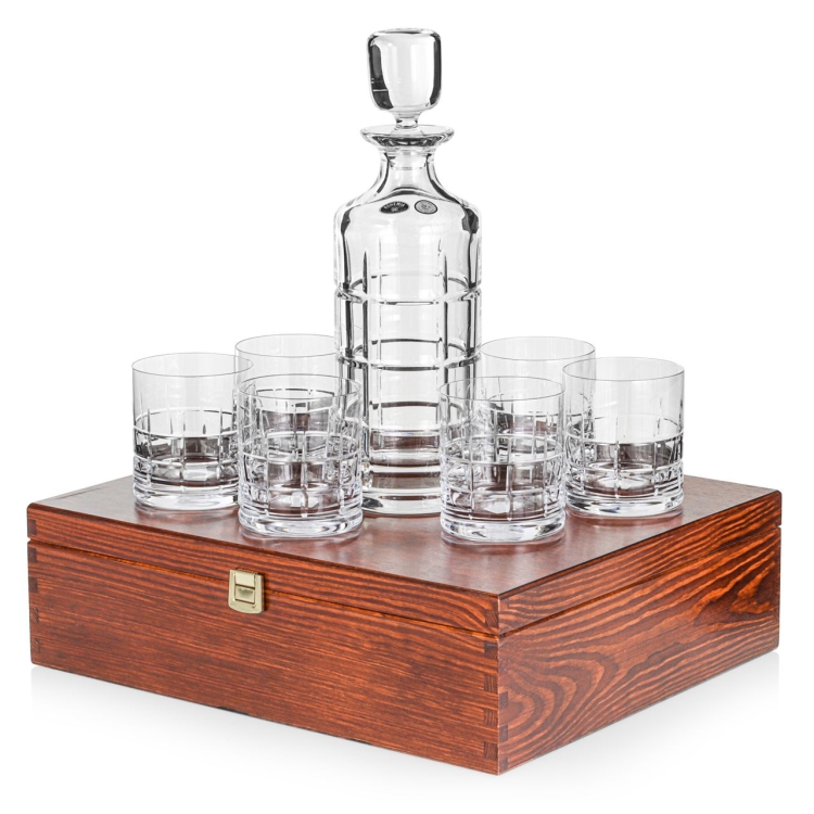 Ekskluzywny komplet do whisky BOHEMIA TARTAN 6+1 w skrzynce z GRAWEREM