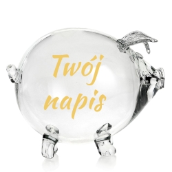 Skarbonka ŚWINKA szklana z dowolnym NADRUKIEM - napis ZŁOTY