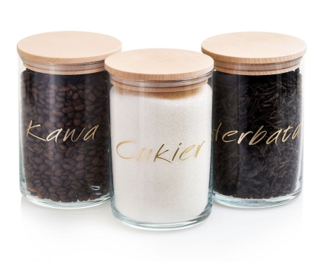 Przejdź do produktu ZESTAW POJEMNIKÓW z nadrukiem złoty napis 870ml komplet kawa herbata cukier 3szt