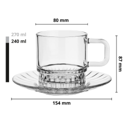 Komplet kawowy STELLA 240ml 12szt 6 osób - szklane filiżanki + spodki