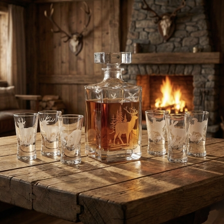 Przejdź do produktu Zestaw do wódki, likieru 6+1 "Myśliwskie" - karafka + kieliszki w pudełku Szklanka.pl