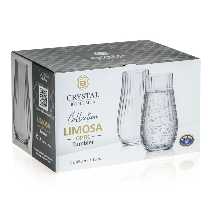 Szklanki wysokie ryflowane / karbowane z OPTYKIEM BOHEMIA Limosa Optic long drink do wody soku napojów 450 ml | 6 szt.