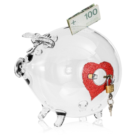 Przejdź do produktu Szklana skarbonka | Rozmiar L | ŚWINKA OTWIERANA z zamknięciem i kłódką | bezbarwna + serduszko 