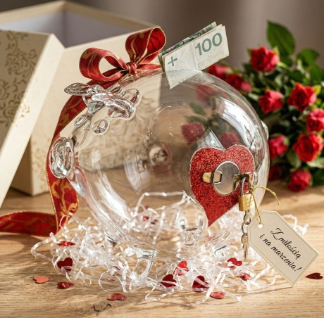 Przejdź do produktu Szklana skarbonka | Rozmiar L | ŚWINKA OTWIERANA z zamknięciem i kłódką | bezbarwna + serduszko 