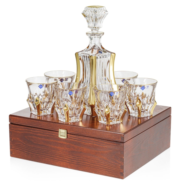 Kryształowy komplet do whisky BOHEMIA Prague GOLD 6+1 w skrzynce z GRAWEREM