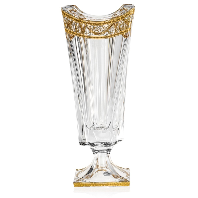 Kryształowy solidny wazon / puchar skręcony na nodze BOHEMIA QUADRON GOLD 390mm