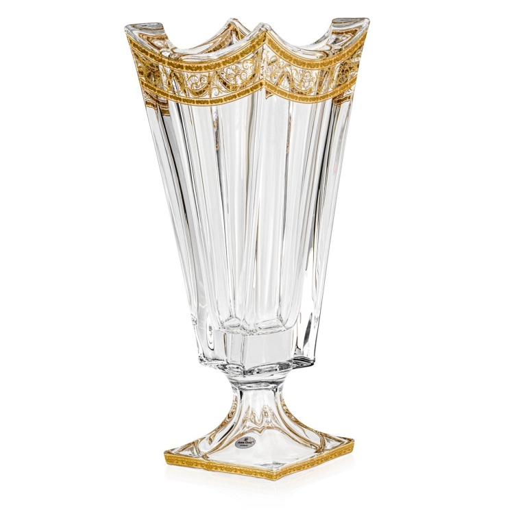 Kryształowy solidny wazon / puchar skręcony na nodze BOHEMIA QUADRON GOLD 390mm