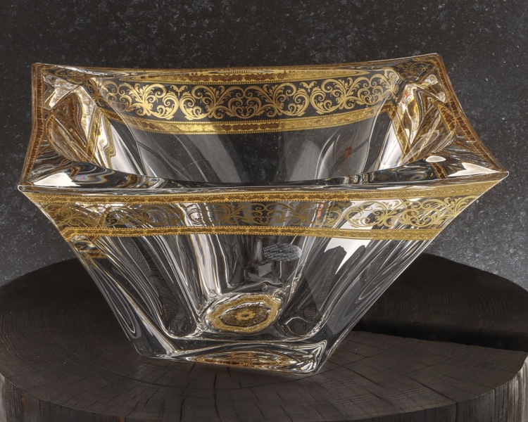 Kryształowa solidna patera / salaterka skręcona BOHEMIA QUADRON GOLD 230x230mm | Ø 330mm