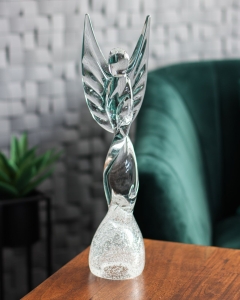 Duża szklana rzeźba Anioł skręcony 43cm - SODA + kolor bezbarwny