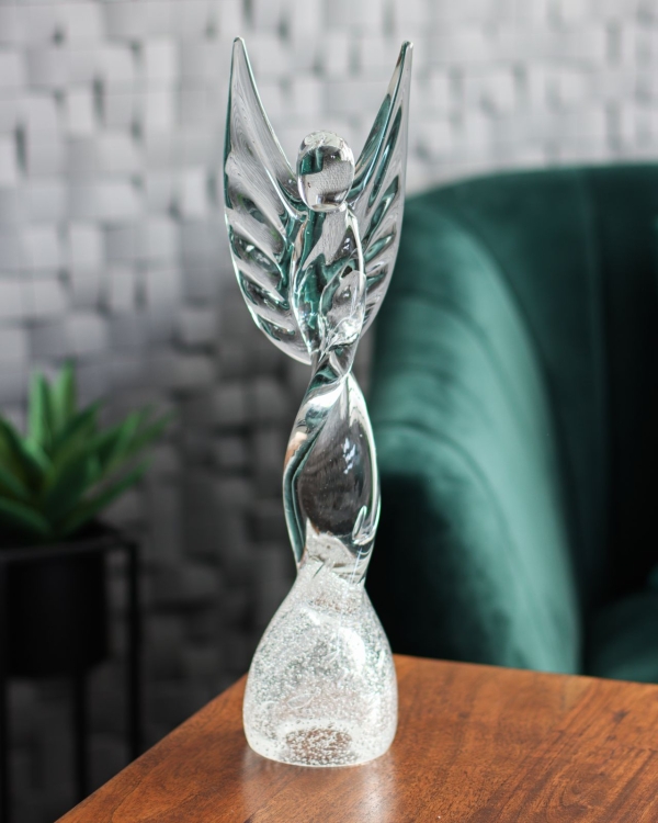 Duża szklana rzeźba Anioł skręcony 43cm - SODA + kolor bezbarwny