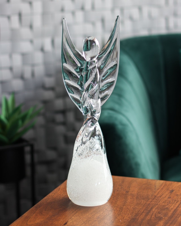 Duża szklana rzeźba Anioł skręcony 43cm - SODA + kolor biały