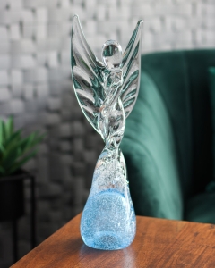 Duża szklana rzeźba Anioł skręcony 43cm - SODA + kolor niebieski