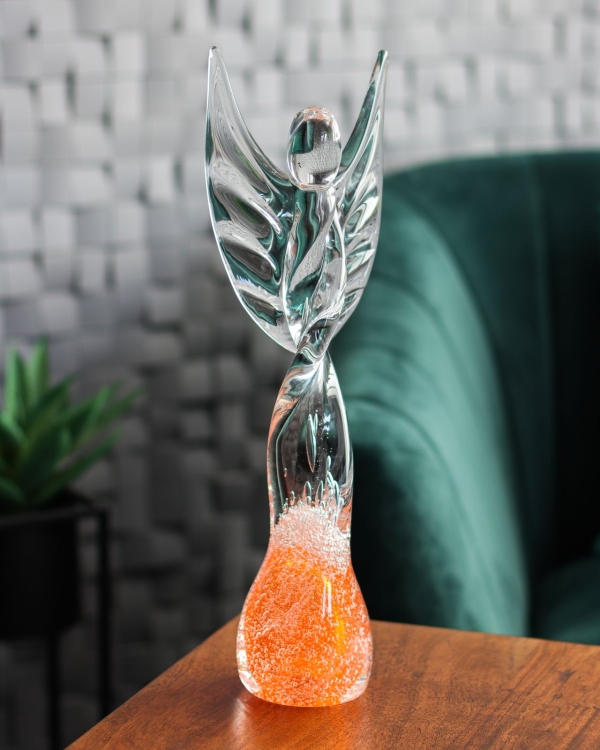 Duża szklana rzeźba Anioł skręcony 43cm - SODA + kolor pomarańczowy