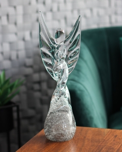 Duża szklana rzeźba Anioł skręcony 43cm - SODA + kolor szary