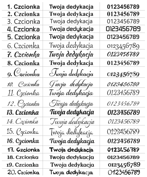 Czcionki do wyboru dla opcji z GRAWEREM