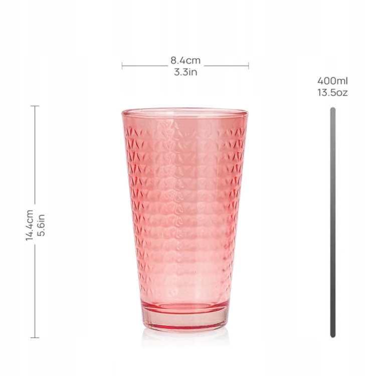 Szklanki kolorowe do soku, wody, napojów TG Tressa 360 ml 6szt. RÓŻOWO-CZERWONE