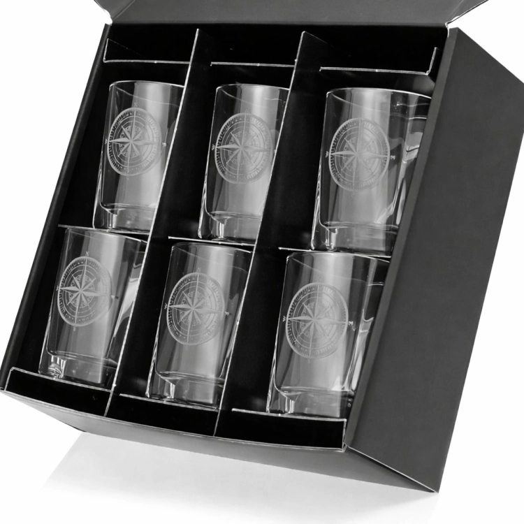 Szklanki do whisky  Róża Wiatrów kwadratowe 300 ml 6 szt. w pudełku Szklanka.pl