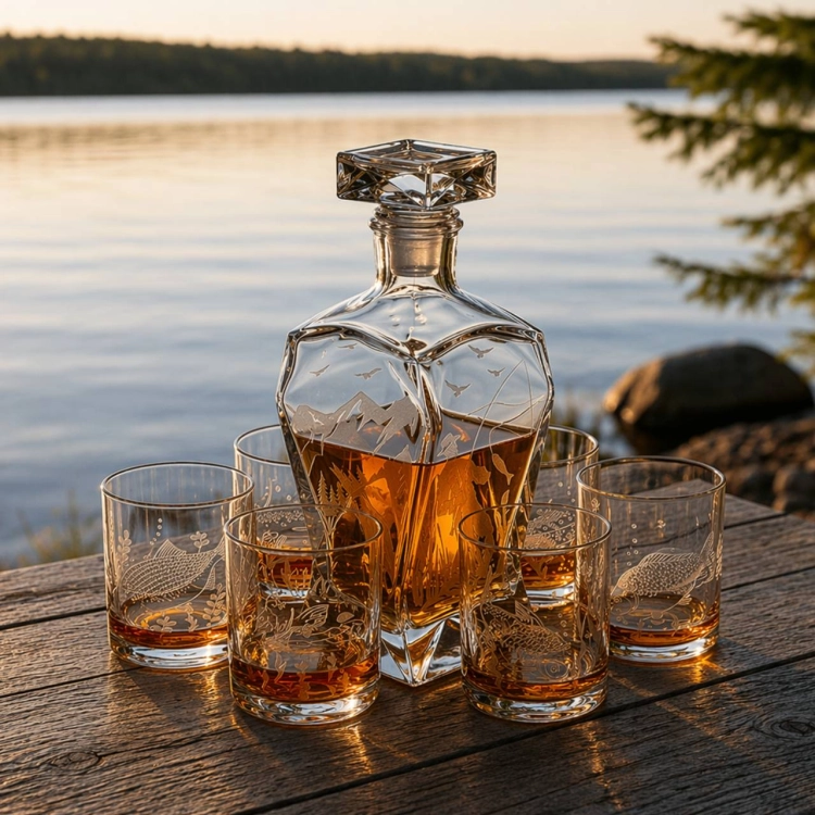 Komplet do whisky 6+1 "Wędkarski" karafka łamana + szklanki