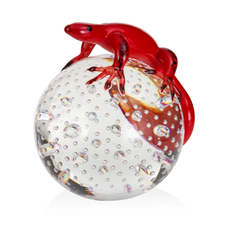 Szklana rzeźba Jaszczurka na kuli - Kolor + Pladry | HUTA SABINA
